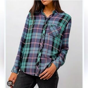 Rails (XS) Hunter Plaid Button Down Shirt: Teal/Navy Relaxed Fit Longsleeve Top